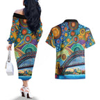 Australian Sydney Harbour Bridge Couples Matching Off The Shoulder Long Sleeve Dress and Hawaiian Shirt Aboriginal Dot Art