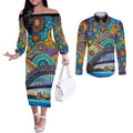 Australian Sydney Harbour Bridge Couples Matching Off The Shoulder Long Sleeve Dress and Long Sleeve Button Shirt Aboriginal Dot Art