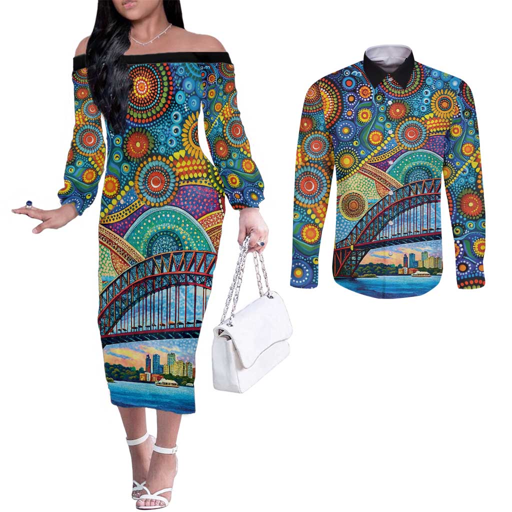 Australian Sydney Harbour Bridge Couples Matching Off The Shoulder Long Sleeve Dress and Long Sleeve Button Shirt Aboriginal Dot Art