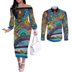 Australian Sydney Harbour Bridge Couples Matching Off The Shoulder Long Sleeve Dress and Long Sleeve Button Shirt Aboriginal Dot Art