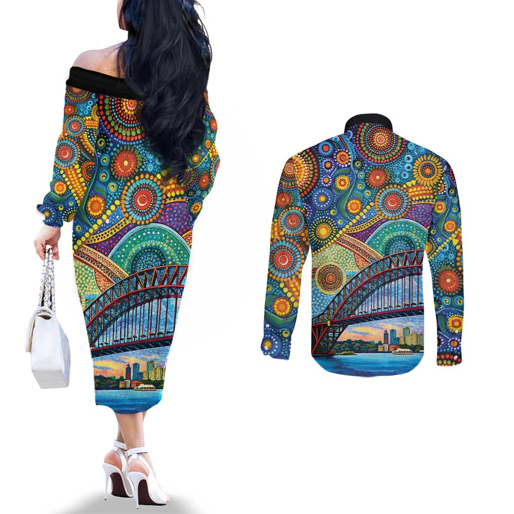 Australian Sydney Harbour Bridge Couples Matching Off The Shoulder Long Sleeve Dress and Long Sleeve Button Shirt Aboriginal Dot Art