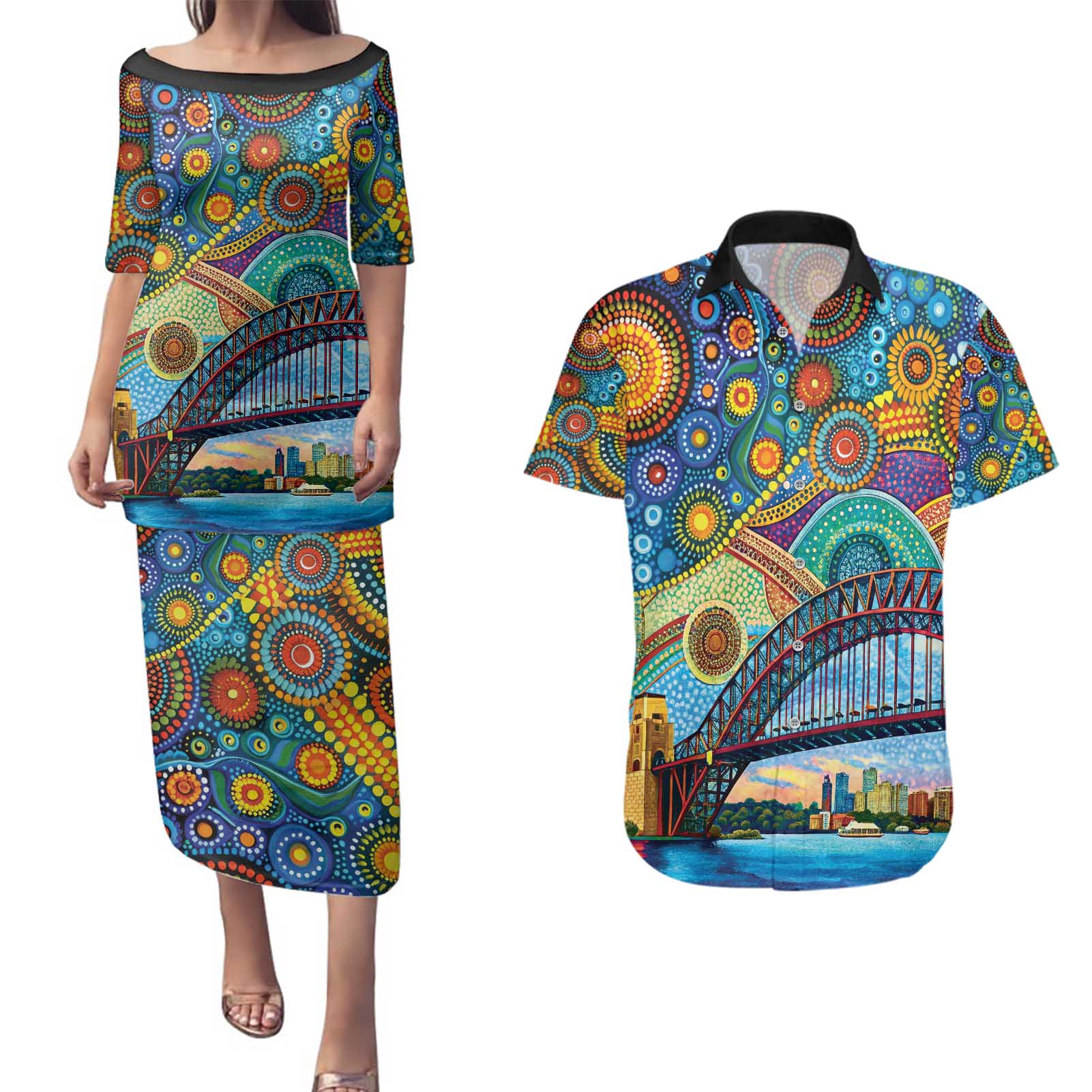 Australian Sydney Harbour Bridge Couples Matching Puletasi and Hawaiian Shirt Aboriginal Dot Art