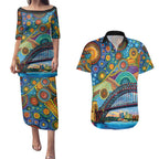 Australian Sydney Harbour Bridge Couples Matching Puletasi and Hawaiian Shirt Aboriginal Dot Art