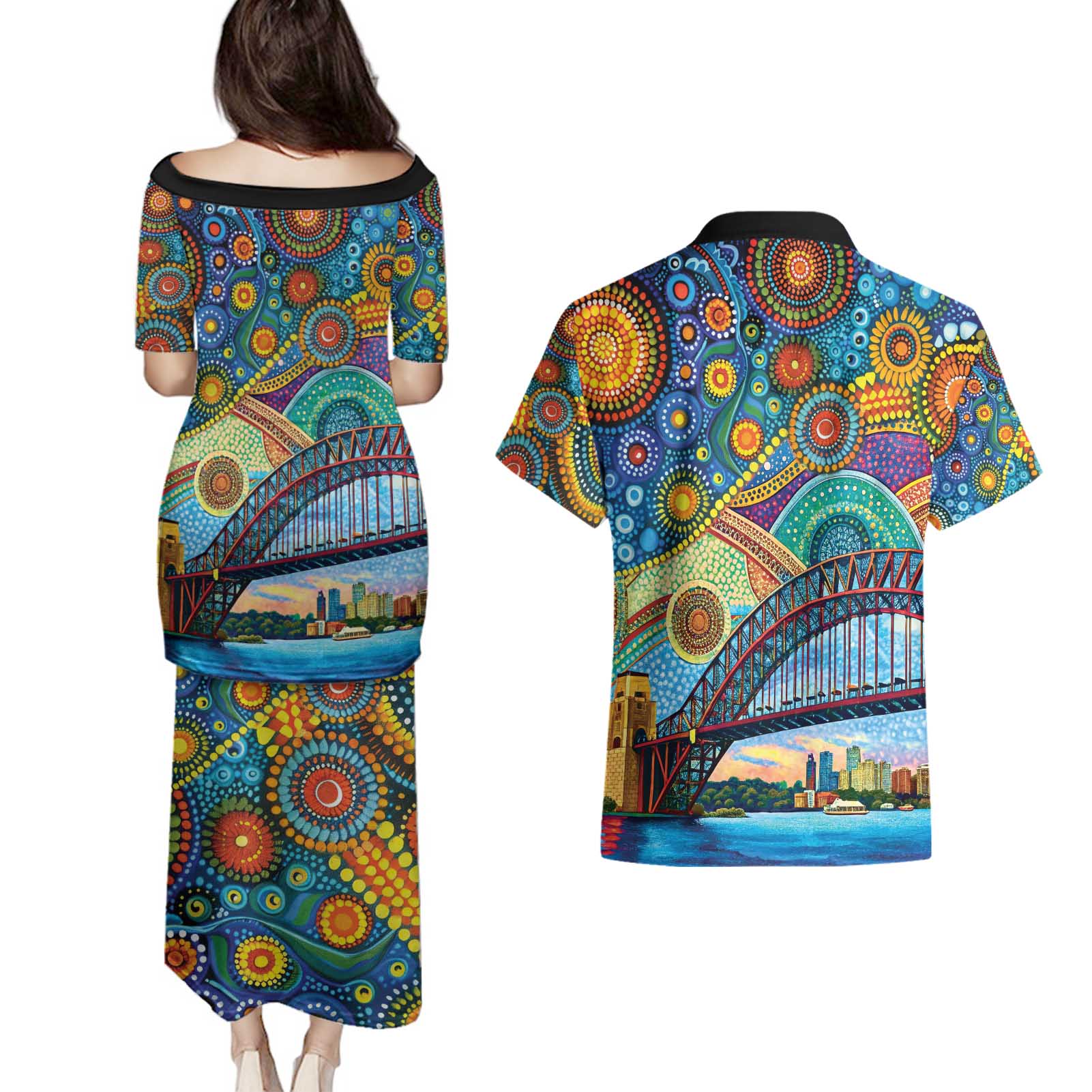 Australian Sydney Harbour Bridge Couples Matching Puletasi and Hawaiian Shirt Aboriginal Dot Art