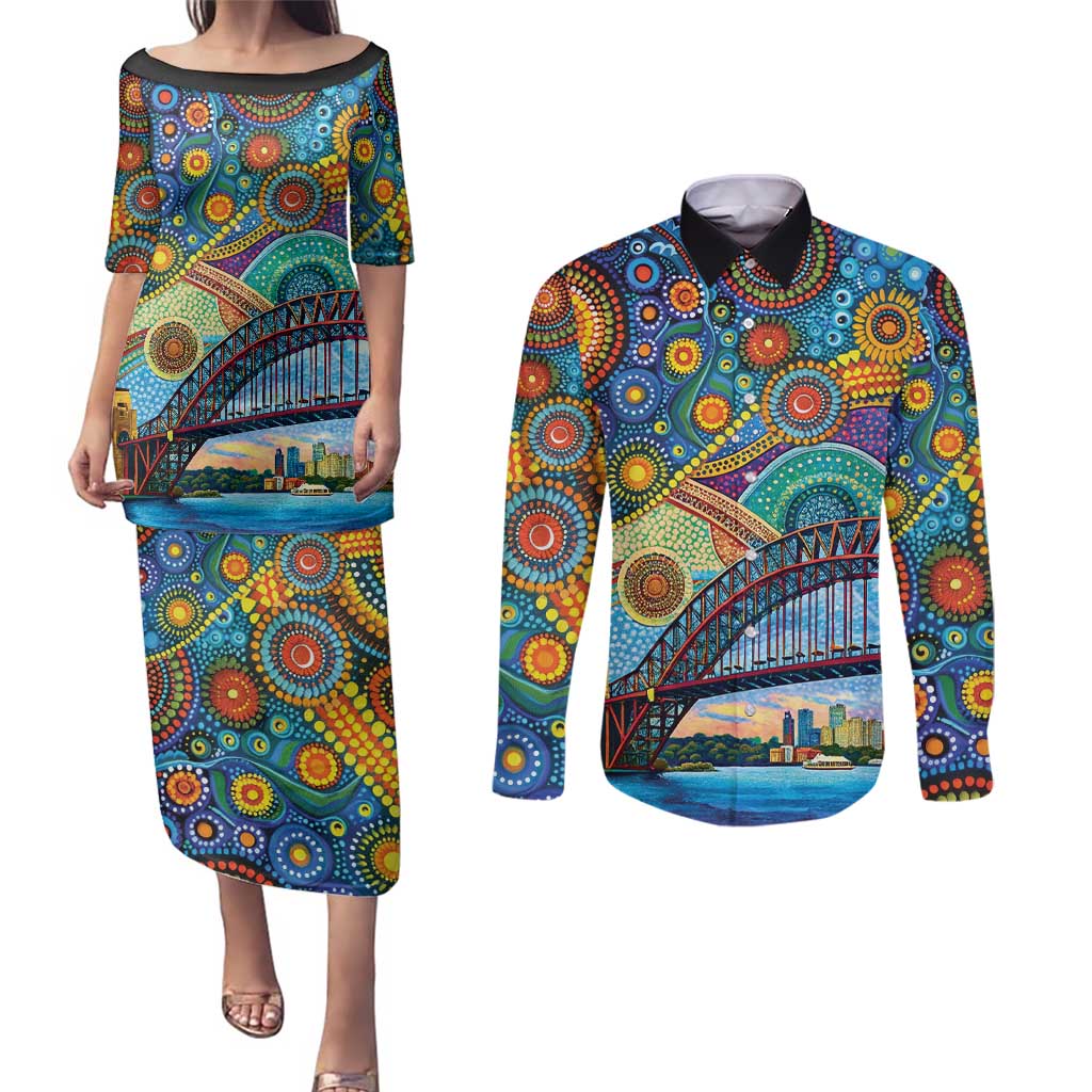 Australian Sydney Harbour Bridge Couples Matching Puletasi and Long Sleeve Button Shirt Aboriginal Dot Art