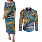 Australian Sydney Harbour Bridge Couples Matching Puletasi and Long Sleeve Button Shirt Aboriginal Dot Art