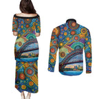 Australian Sydney Harbour Bridge Couples Matching Puletasi and Long Sleeve Button Shirt Aboriginal Dot Art