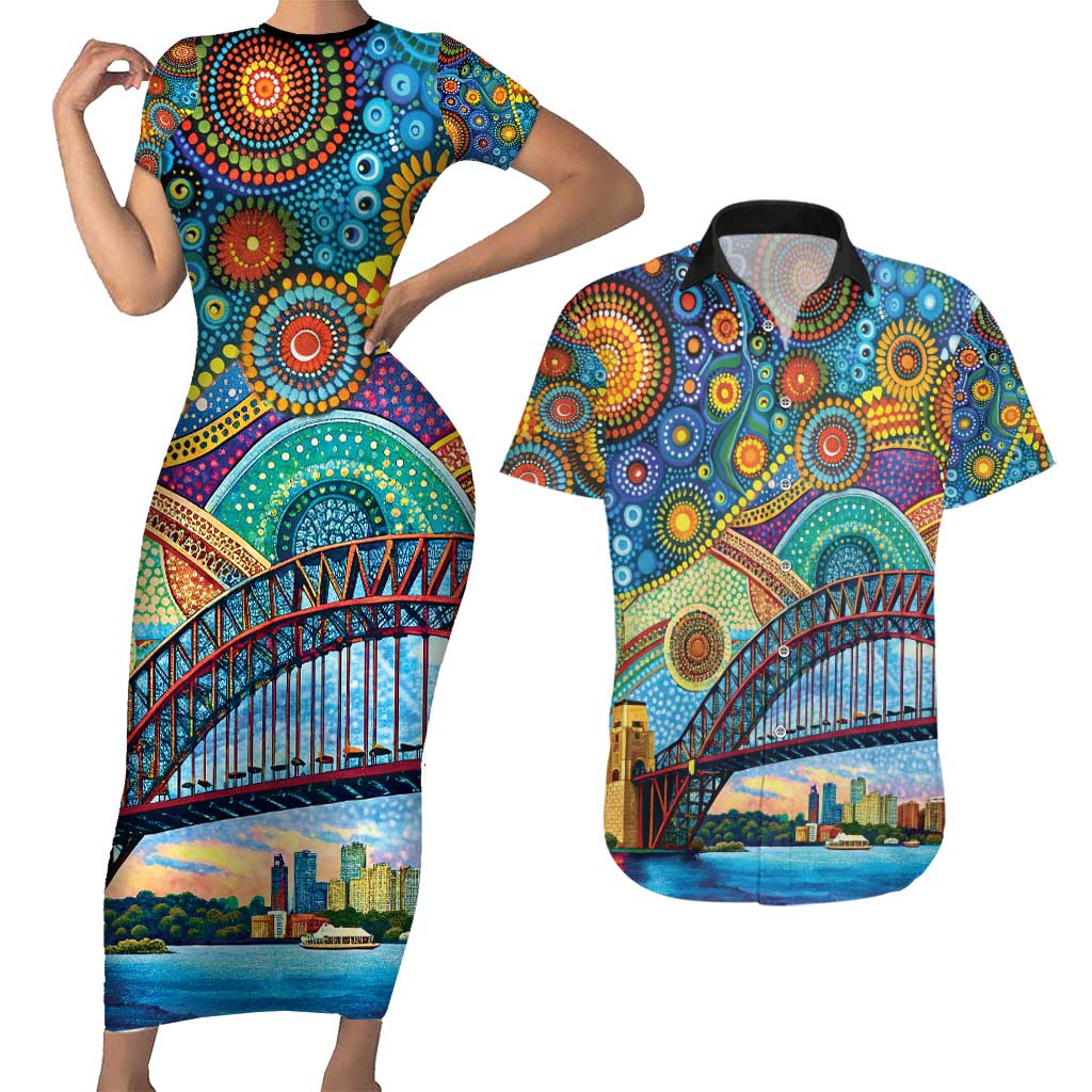 Australian Sydney Harbour Bridge Couples Matching Short Sleeve Bodycon Dress and Hawaiian Shirt Aboriginal Dot Art