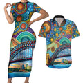 Australian Sydney Harbour Bridge Couples Matching Short Sleeve Bodycon Dress and Hawaiian Shirt Aboriginal Dot Art