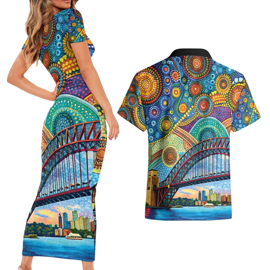 Australian Sydney Harbour Bridge Couples Matching Short Sleeve Bodycon Dress and Hawaiian Shirt Aboriginal Dot Art