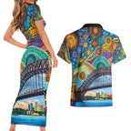 Australian Sydney Harbour Bridge Couples Matching Short Sleeve Bodycon Dress and Hawaiian Shirt Aboriginal Dot Art
