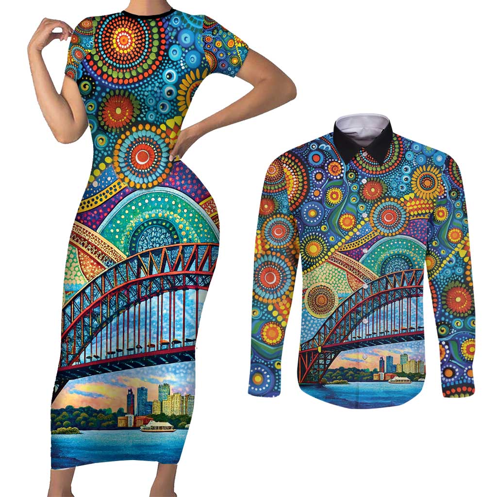 Australian Sydney Harbour Bridge Couples Matching Short Sleeve Bodycon Dress and Long Sleeve Button Shirt Aboriginal Dot Art