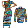 Australian Sydney Harbour Bridge Couples Matching Short Sleeve Bodycon Dress and Long Sleeve Button Shirt Aboriginal Dot Art