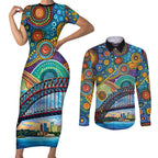 Australian Sydney Harbour Bridge Couples Matching Short Sleeve Bodycon Dress and Long Sleeve Button Shirt Aboriginal Dot Art