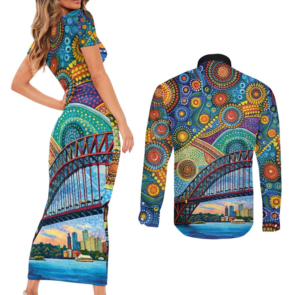 Australian Sydney Harbour Bridge Couples Matching Short Sleeve Bodycon Dress and Long Sleeve Button Shirt Aboriginal Dot Art
