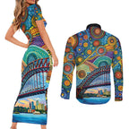 Australian Sydney Harbour Bridge Couples Matching Short Sleeve Bodycon Dress and Long Sleeve Button Shirt Aboriginal Dot Art