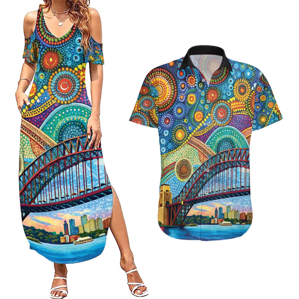 Australian Sydney Harbour Bridge Couples Matching Summer Maxi Dress and Hawaiian Shirt Aboriginal Dot Art