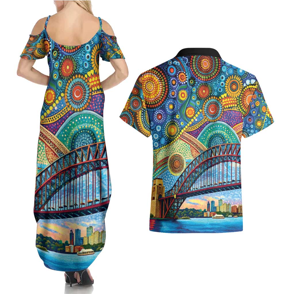 Australian Sydney Harbour Bridge Couples Matching Summer Maxi Dress and Hawaiian Shirt Aboriginal Dot Art