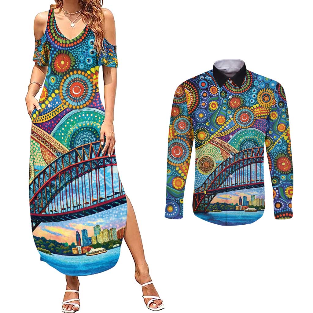 Australian Sydney Harbour Bridge Couples Matching Summer Maxi Dress and Long Sleeve Button Shirt Aboriginal Dot Art