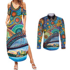 Australian Sydney Harbour Bridge Couples Matching Summer Maxi Dress and Long Sleeve Button Shirt Aboriginal Dot Art