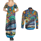 Australian Sydney Harbour Bridge Couples Matching Summer Maxi Dress and Long Sleeve Button Shirt Aboriginal Dot Art