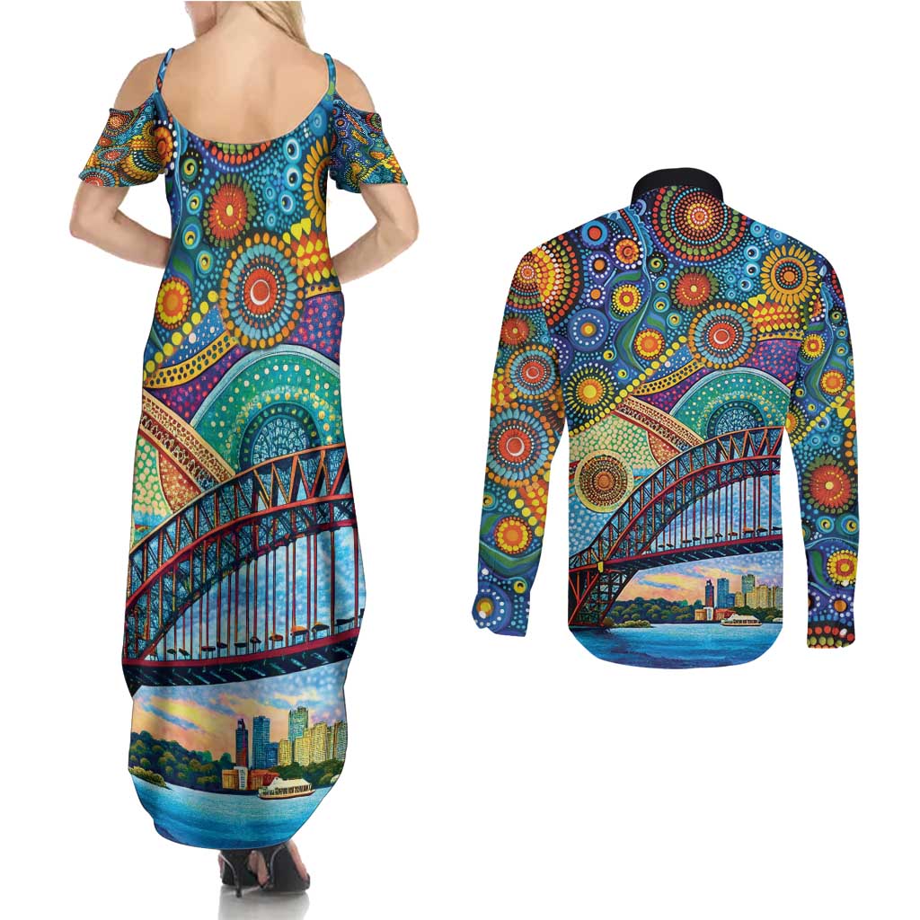Australian Sydney Harbour Bridge Couples Matching Summer Maxi Dress and Long Sleeve Button Shirt Aboriginal Dot Art