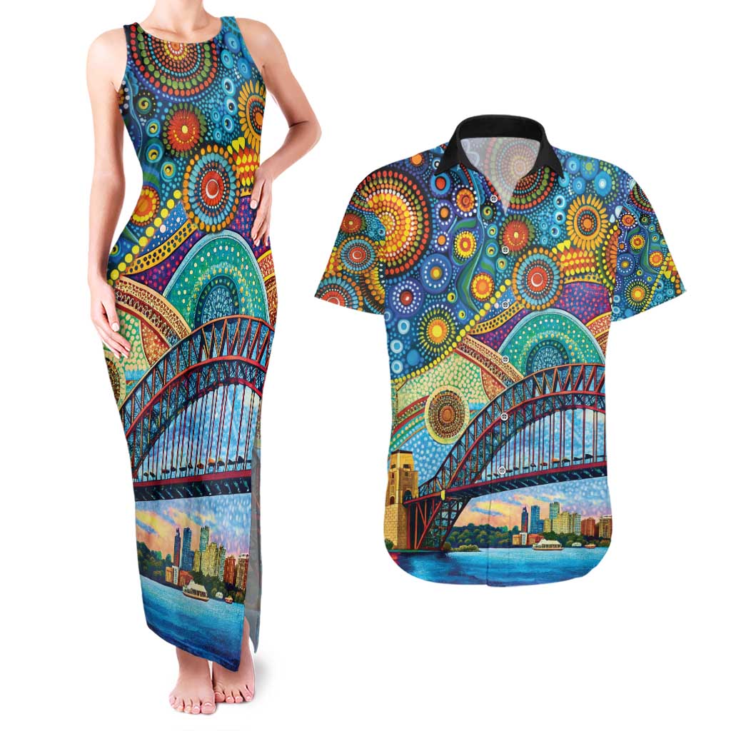 Australian Sydney Harbour Bridge Couples Matching Tank Maxi Dress and Hawaiian Shirt Aboriginal Dot Art