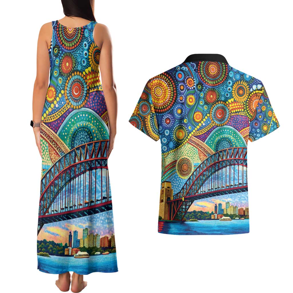 Australian Sydney Harbour Bridge Couples Matching Tank Maxi Dress and Hawaiian Shirt Aboriginal Dot Art