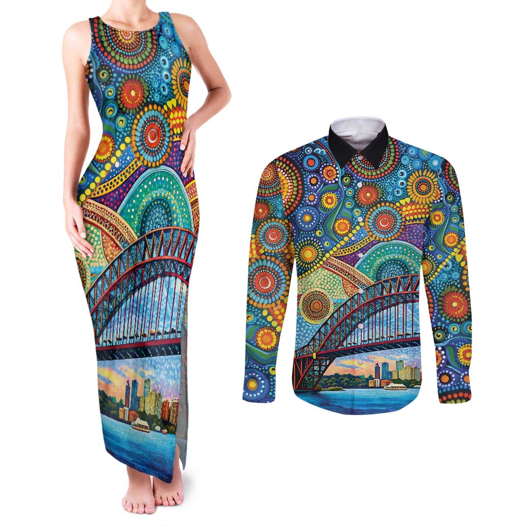 Australian Sydney Harbour Bridge Couples Matching Tank Maxi Dress and Long Sleeve Button Shirt Aboriginal Dot Art