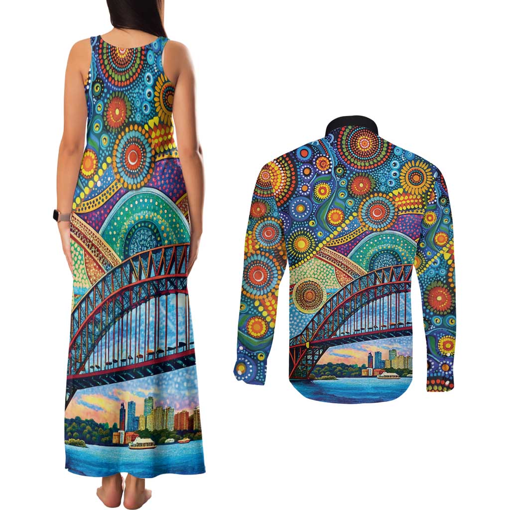 Australian Sydney Harbour Bridge Couples Matching Tank Maxi Dress and Long Sleeve Button Shirt Aboriginal Dot Art
