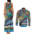 Australian Sydney Harbour Bridge Couples Matching Tank Maxi Dress and Long Sleeve Button Shirt Aboriginal Dot Art