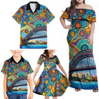 Australian Sydney Harbour Bridge Family Matching Off Shoulder Maxi Dress and Hawaiian Shirt Aboriginal Dot Art