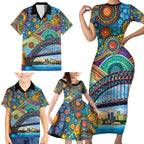 Australian Sydney Harbour Bridge Family Matching Short Sleeve Bodycon Dress and Hawaiian Shirt Aboriginal Dot Art
