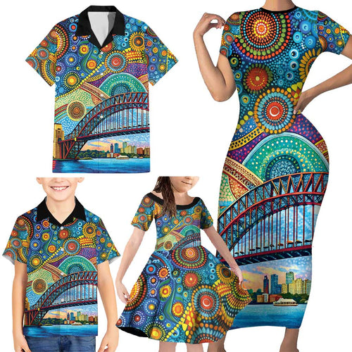 Australian Sydney Harbour Bridge Family Matching Short Sleeve Bodycon Dress and Hawaiian Shirt Aboriginal Dot Art