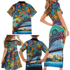 Australian Sydney Harbour Bridge Family Matching Short Sleeve Bodycon Dress and Hawaiian Shirt Aboriginal Dot Art