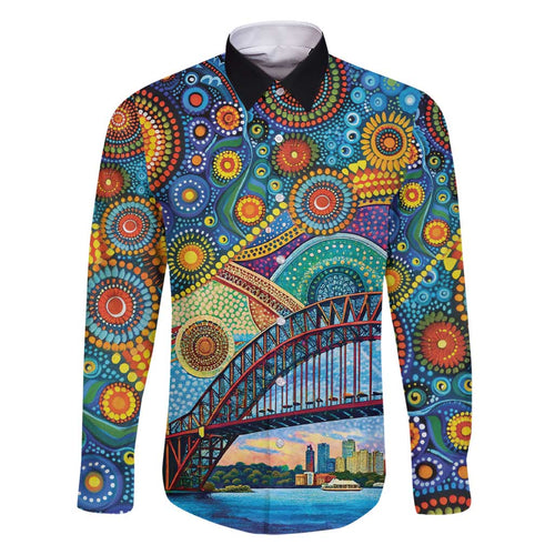 Australian Sydney Harbour Bridge Family Matching Short Sleeve Bodycon Dress and Hawaiian Shirt Aboriginal Dot Art