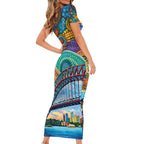 Australian Sydney Harbour Bridge Family Matching Short Sleeve Bodycon Dress and Hawaiian Shirt Aboriginal Dot Art