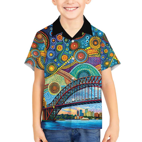 Australian Sydney Harbour Bridge Family Matching Short Sleeve Bodycon Dress and Hawaiian Shirt Aboriginal Dot Art