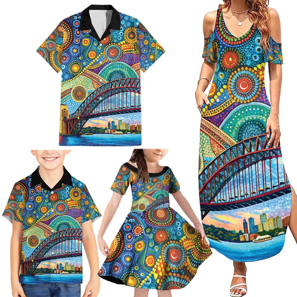 Australian Sydney Harbour Bridge Family Matching Summer Maxi Dress and Hawaiian Shirt Aboriginal Dot Art