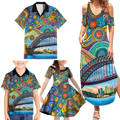Australian Sydney Harbour Bridge Family Matching Summer Maxi Dress and Hawaiian Shirt Aboriginal Dot Art