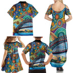 Australian Sydney Harbour Bridge Family Matching Summer Maxi Dress and Hawaiian Shirt Aboriginal Dot Art