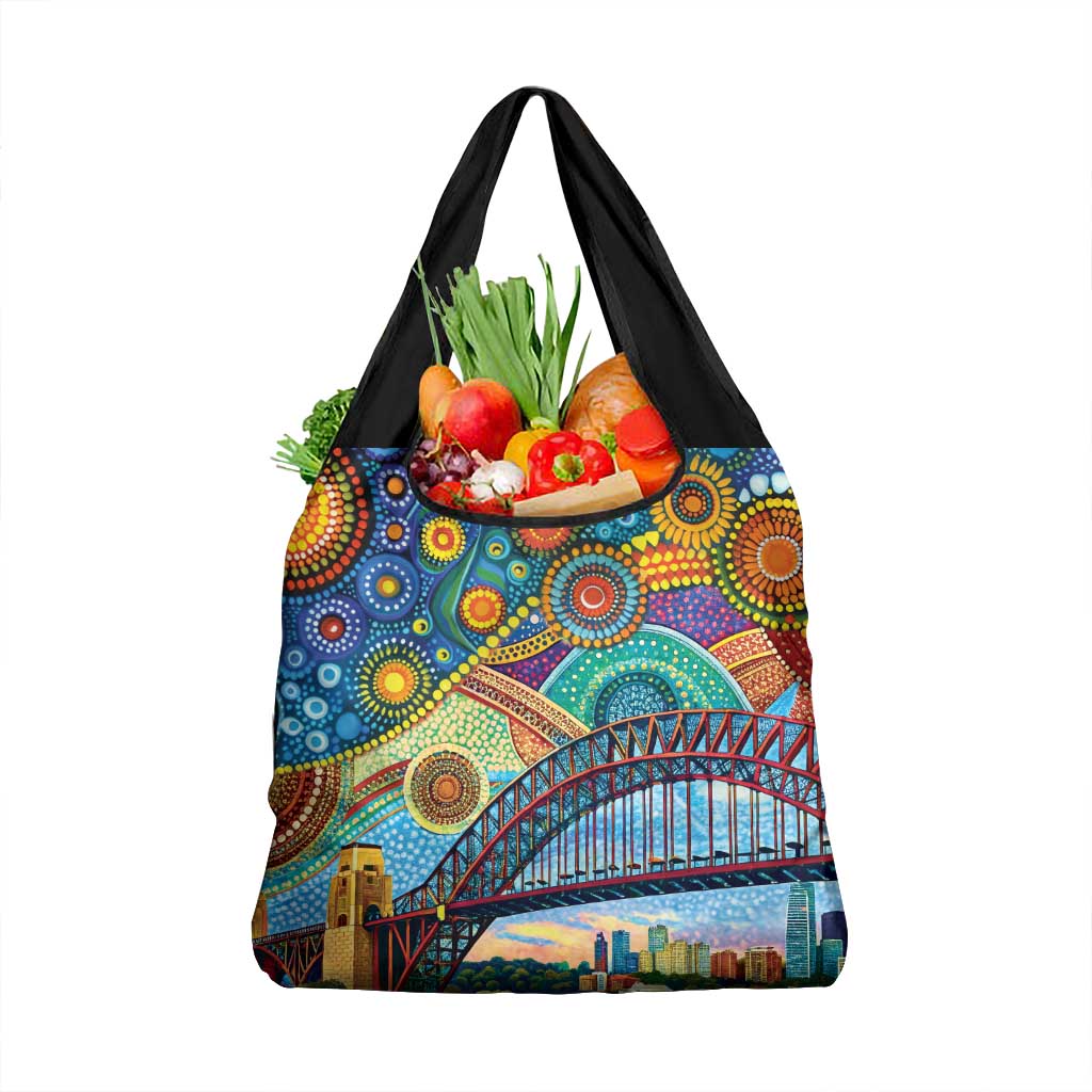 Australian Sydney Harbour Bridge Grocery Bag Aboriginal Dot Art