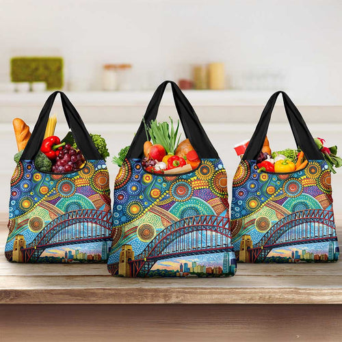 Australian Sydney Harbour Bridge Grocery Bag Aboriginal Dot Art