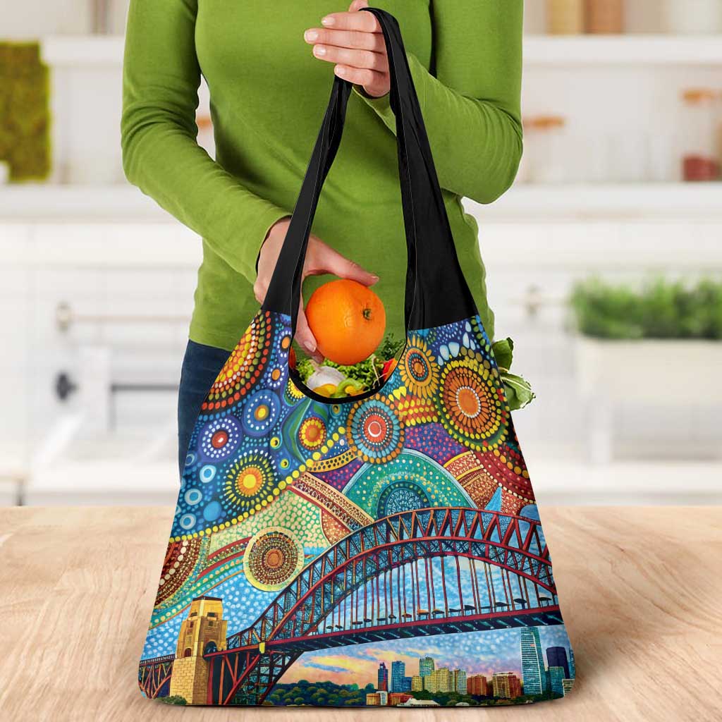 Australian Sydney Harbour Bridge Grocery Bag Aboriginal Dot Art