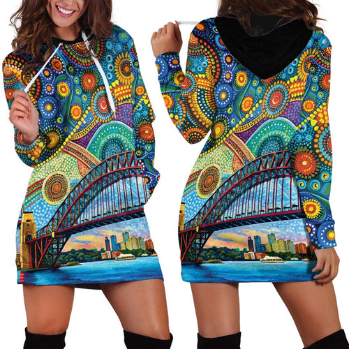 Australian Sydney Harbour Bridge Hoodie Dress Aboriginal Dot Art