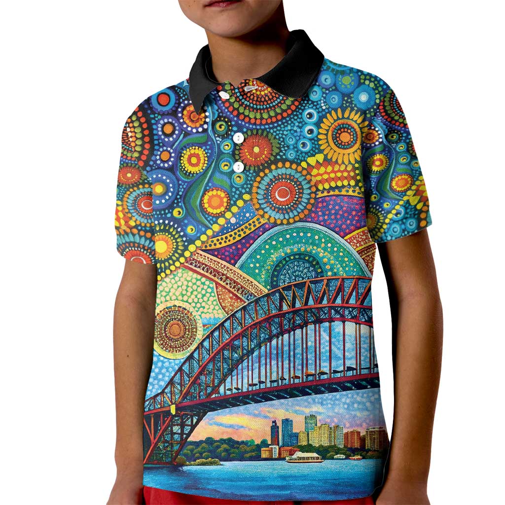 Australian Sydney Harbour Bridge Kid Polo Shirt Aboriginal Dot Art