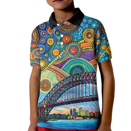 Australian Sydney Harbour Bridge Kid Polo Shirt Aboriginal Dot Art