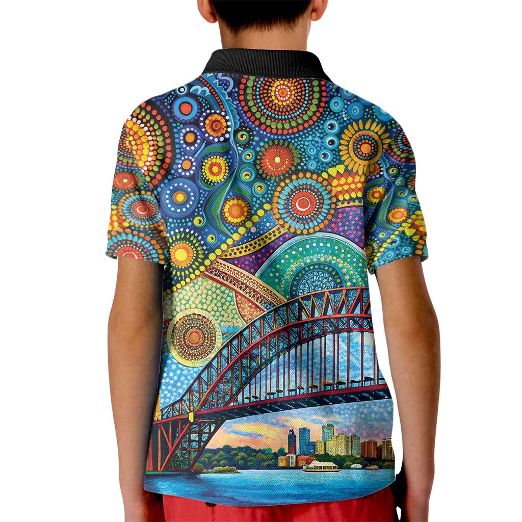 Australian Sydney Harbour Bridge Kid Polo Shirt Aboriginal Dot Art