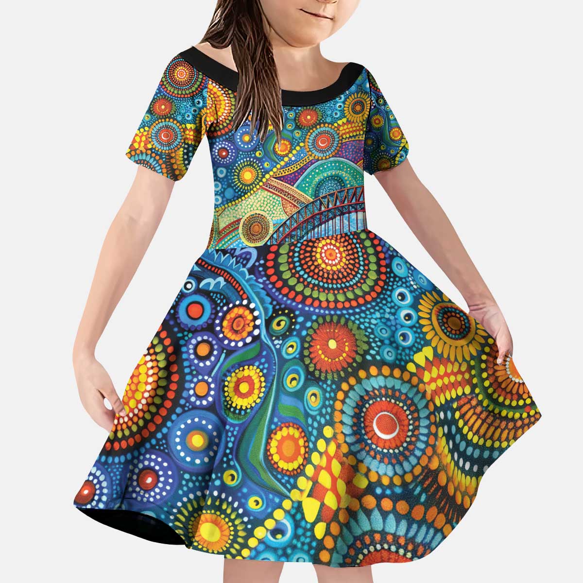 Australian Sydney Harbour Bridge Kid Short Sleeve Dress Aboriginal Dot Art