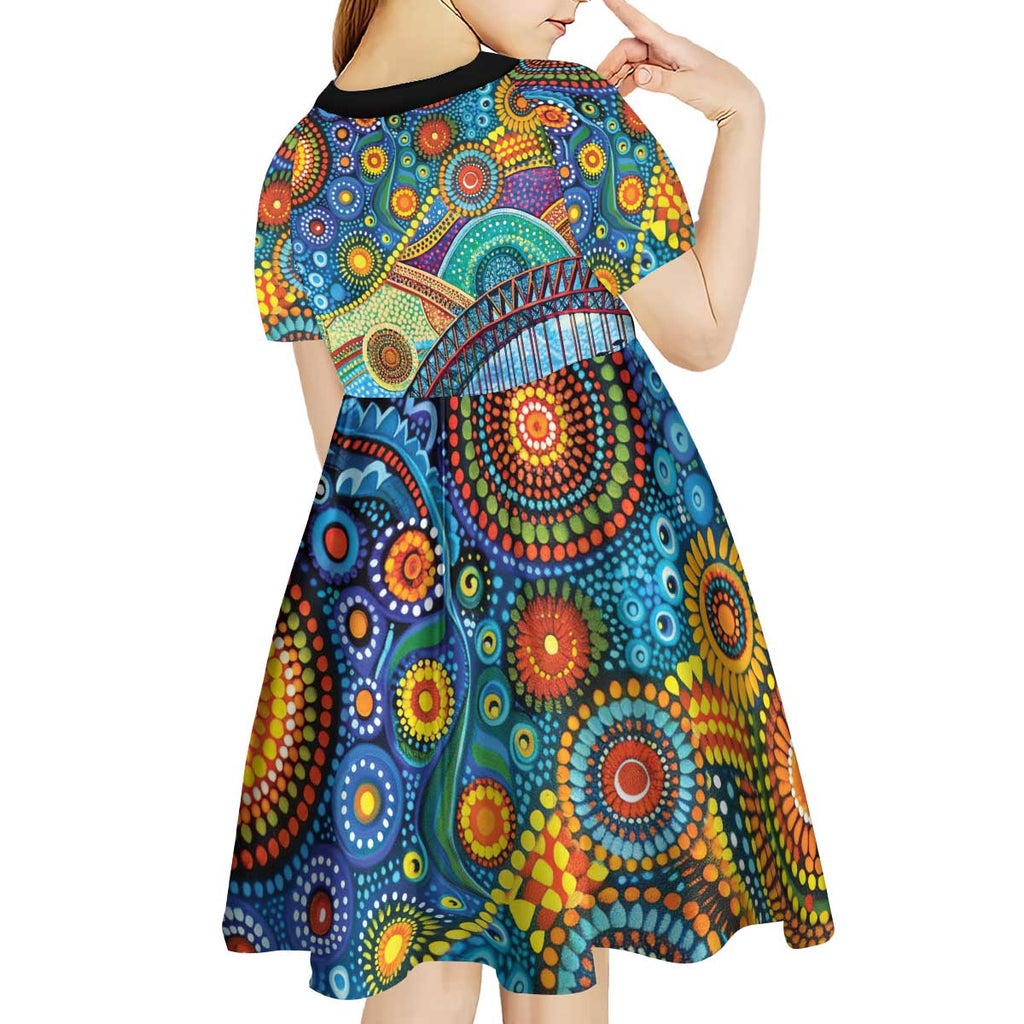 Australian Sydney Harbour Bridge Kid Short Sleeve Dress Aboriginal Dot Art